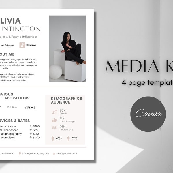 1 Page Media Kit Template Instagram Rate Sheet Template Editable Blogger Press Kit Tiktok Media Kit Editable Canva Instagram Media Kit