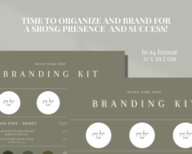 May include: Branding kit template in a4 format (21 x 29.7 cm) with a green background. The template includes a logo placeholder, a font list, and color swatches. The text "BRAND NAME HERE" appears twice on the template.