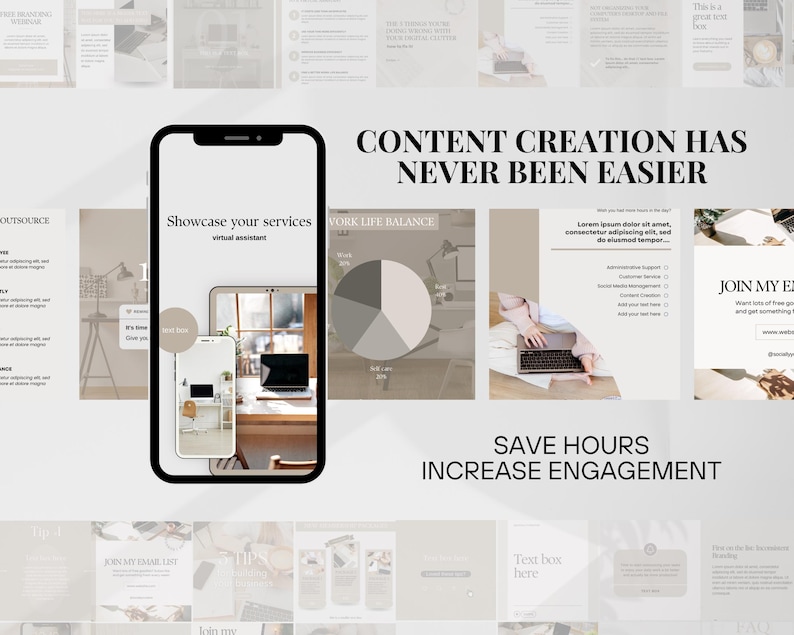 May include: A phone screen displaying a mockup of a website with the text "Showcase your services - Virtual Assistant". The website is designed in a minimalist style with a beige background and a black laptop on a desk. The phone is on a white background with the text "Content Creation Has Never Been Easier" above it.