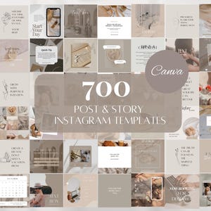 May include: A collection of 700 Instagram post and story templates in a neutral color palette. The templates feature various designs with text boxes, quotes, and images, perfect for content creators using Canva. The image includes the Canva logo.