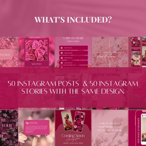 May include: A collage of 50 Instagram post and 50 Instagram story templates featuring a pink and white color scheme with floral designs and text overlays. The text includes "5 tips to share with others", "Take a moment, take a deep breath, slow it down", "I trust the next chapter because I know the author", and "New post everyday".