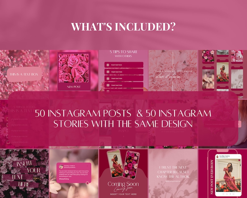 May include: A collage of 50 Instagram post and 50 Instagram story templates featuring a pink and white color scheme with floral designs and text overlays. The text includes "5 tips to share with others", "Take a moment, take a deep breath, slow it down", "I trust the next chapter because I know the author", and "New post everyday".