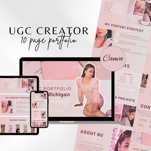 May include: A pink and white digital portfolio showcasing a UGC creator's work. The portfolio includes sections for content strategy, recent videos, projects, and contact information. The creator's name is listed as "Michigan and Lifestyle".