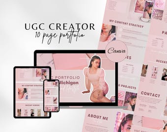 以下が含まれることがあります： ピンクと白のデジタルポートフォリオで、UGCクリエイターの作品を紹介しています。ポートフォリオには、コンテンツ戦略、最近の動画、プロジェクト、連絡先情報などのセクションがあります。クリエイターの名前は「ミシガンとライフスタイル」と記載されています。