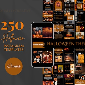 May include: A collection of 250 Halloween Instagram templates. The templates are displayed on a black background with orange and white text. A smartphone graphic shows a Halloween theme. The word "Canva" is in a circle.