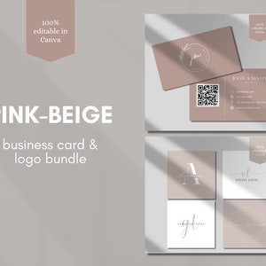 Beige Visitenkarten Vorlage | Bearbeitbare Logo Vorlage | Beige DIY QR Visitenkarte| Rosa Logo Vorlage | Doppelseitige Visitenkarte| DIY Logo