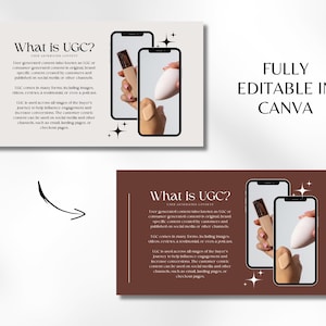 以下が含まれることがあります： 白地に茶色と白のグラフィックで、「What is UGC?」と「FULLY EDITABLE IN CANVA」のテキストが書かれています。グラフィックには、スマートフォン画面の画像が2つあり、メイクアップスポンジを持った手が映っています。