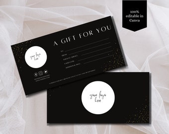 Modèle de certificat-cadeau noir, fournitures pour petites entreprises, bon-cadeau imprimable, carte-cadeau modifiable, bon-cadeau bricolage, carte gif numérique