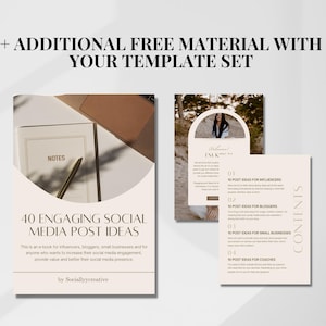 May include: A beige and brown digital download product mockup with the text "40 Engaging Social Media Post Ideas" and "Contents". The mockup shows a notebook with a pen, a woman in a white dress, and a list of post ideas for influencers, bloggers, small businesses, and coaches.
