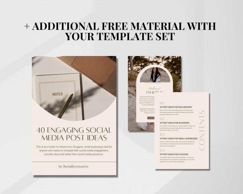 May include: A beige and brown digital download product mockup with the text "40 Engaging Social Media Post Ideas" and "Contents". The mockup shows a notebook with a pen, a woman in a white dress, and a list of post ideas for influencers, bloggers, small businesses, and coaches.