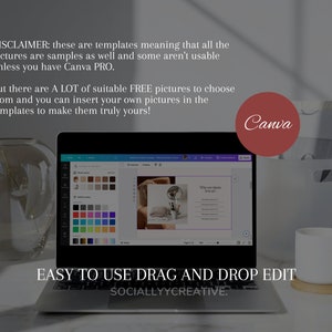 May include: A laptop computer displaying the Canva website with a design template open. The text "EASY TO USE DRAG AND DROP EDIT SOCIALLYYCREATIVE." is displayed below the laptop. The laptop is on a white surface with a white mug and a glass vase with a green plant.