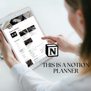 May include: A person using a tablet with the Notion app open. The screen displays a student dashboard with a clock, quick actions, semester projects, notes, and assignments. The text "THIS IS A NOTION PLANNER" is displayed below the tablet.