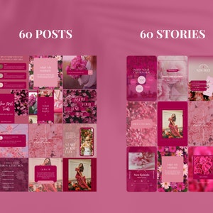 May include: A collage of pink and white floral images with text overlays. The text includes "60 Posts", "Visit My Website", "Your Daily Inspo", "Inspire Your Hustle", "Start Your Day", "This is a Text Box", "Quick Tip", "New Episode", "Only My Intentions", "New Post", and "Insert Your Caption Here".