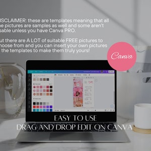 May include: A laptop computer displaying a Canva design template with a pink and white color scheme. The text "EASY TO USE DRAG AND DROP EDIT ON CANVA" is displayed below the laptop. The text "Canva" is displayed in a pink circle on the screen.