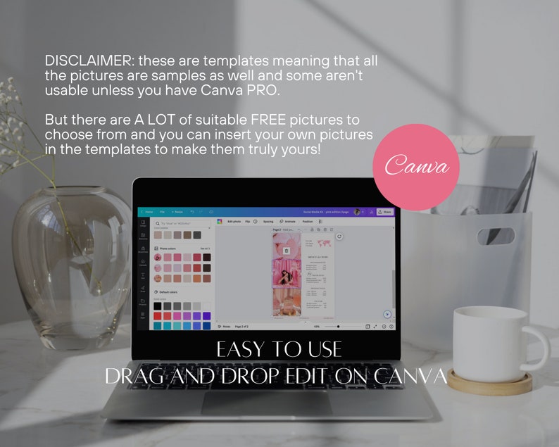 May include: A laptop computer displaying a Canva design template with a pink and white color scheme. The text "EASY TO USE DRAG AND DROP EDIT ON CANVA" is displayed below the laptop. The text "Canva" is displayed in a pink circle on the screen.