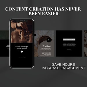 May include: A phone screen displaying a social media post with a black background and white text that reads "Share some tips carousel post here". The post is about creating content for social media. The phone is on a gray background with the text "CONTENT CREATION HAS NEVER BEEN EASIER" above it and the text "SAVE HOURS INCREASE ENGAGEMENT" below it.