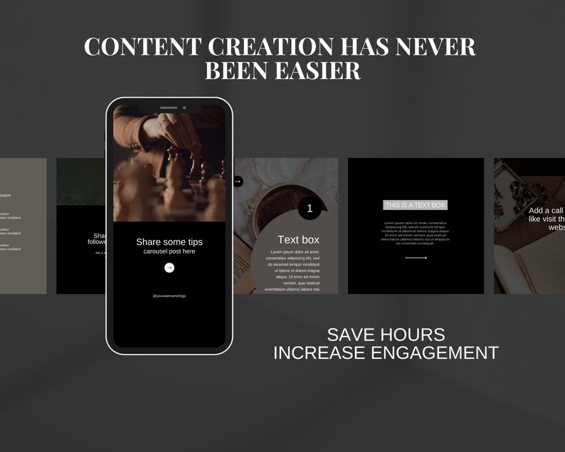 May include: A phone screen displaying a social media post with a black background and white text that reads "Share some tips carousel post here". The post is about creating content for social media. The phone is on a gray background with the text "CONTENT CREATION HAS NEVER BEEN EASIER" above it and the text "SAVE HOURS INCREASE ENGAGEMENT" below it.