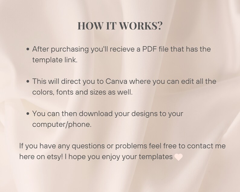 May include: A cream-coloured graphic with the text "HOW IT WORKS?" and bullet points detailing the process: receive a PDF, edit in Canva, and download designs. The background features a soft, draped fabric texture.