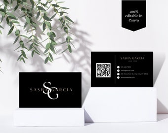 QR Business Card Black QR Code Minimal Business Card Template DIY Business Card Double Sided Canva Business Card