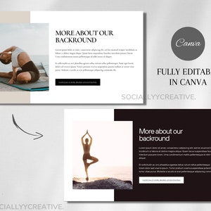 Puede incluir: Dos im&aacute;genes de una mujer practicando posturas de yoga. La primera imagen es de una mujer en una postura de perro boca abajo en una playa. La segunda imagen es de una mujer en una postura de &aacute;rbol en una playa rocosa. El texto "More about our background" se muestra en ambas im&aacute;genes.