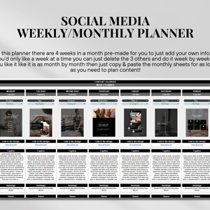 Puede incluir: Un planificador de redes sociales en blanco y negro con un dise&ntilde;o de calendario semanal y mensual. El planificador incluye un calendario de contenido con los d&iacute;as de la semana, una secci&oacute;n para publicaciones de Instagram y una secci&oacute;n para leyendas, hashtags y actualizaciones de estado.