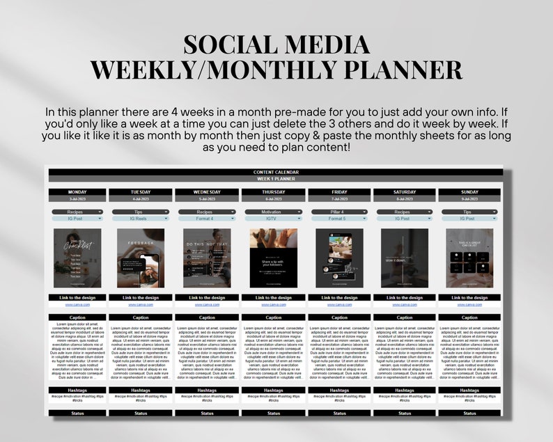 Puede incluir: Un planificador de redes sociales en blanco y negro con un dise&ntilde;o de calendario semanal y mensual. El planificador incluye un calendario de contenido con los d&iacute;as de la semana, una secci&oacute;n para publicaciones de Instagram y una secci&oacute;n para leyendas, hashtags y actualizaciones de estado.