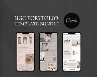 Könnte beinhalten: Ein Mockup eines Telefonbildschirms, auf dem eine Canva-Vorlage für ein UGC-Portfolio angezeigt wird. Die Vorlage hat einen hellbraunen Hintergrund mit einem beige-weißen Marmormuster. Der Text auf dem Bildschirm enthält "Aktuelle Videos", "Meine Content-Strategie", "Dienstleistungen", "Preisliste", "Über mich", "Was ist UGC?" und "Jessica Heather UGC Creator".