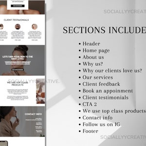 May include: A website mockup for a beauty or skincare business. The website features sections for client testimonials, a call to action, contact information, and a footer. The text on the website reads "Let's take your skin to the next level!" and "We use top class products."