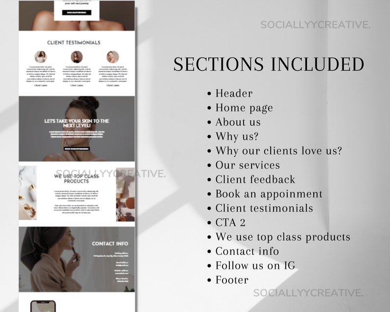 May include: A website mockup for a beauty or skincare business. The website features sections for client testimonials, a call to action, contact information, and a footer. The text on the website reads "Let's take your skin to the next level!" and "We use top class products."