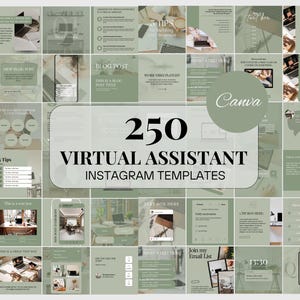 Può includere: Una collezione di 250 modelli Instagram per assistenti virtuali in tonalità di verde e bianco. I modelli includono caselle di testo, layout di post di blog e suggerimenti per la creazione di un'attività. Il logo Canva è visibile.