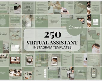 May include: A collection of 250 Virtual Assistant Instagram templates in shades of green and white. The templates include text boxes, blog post layouts, and tips for building a business. The Canva logo is visible.