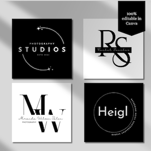 Op de afbeelding: Een verzameling van vier zwart-wit logo's voor fotostudio's. De logo's bevatten tekst zoals "STUDIOS", "Rachel Sanches", "Miranda Wilson Salon" en "Heigl". Het logo rechtsboven bevat de tekst "100% bewerkbaar in Canva".
