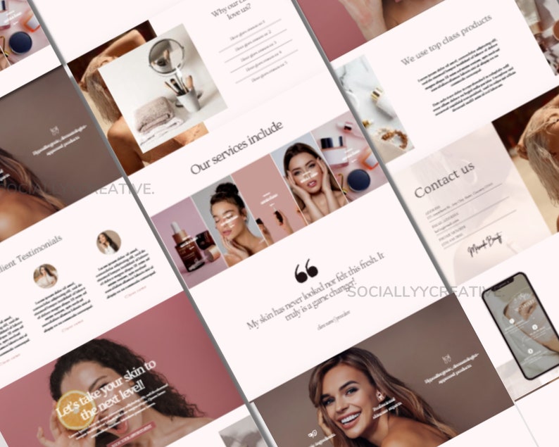 May include: A website homepage for a beauty brand. The website features images of women with glowing skin, product images, and text that highlights the brand's services and products. The text includes the phrase "Let's take your skin to the next level!" and "My skin has never looked nor felt this fresh. It truly is a game changer!"