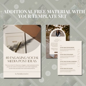May include: A beige and white ebook cover with the title "40 Engaging Social Media Post Ideas". The cover features a notebook, pen, and a shadow of a plant. The ebook is by Sociallyycreative.