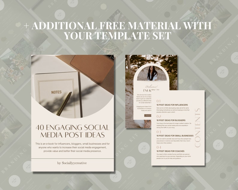 May include: A beige and white ebook cover with the title "40 Engaging Social Media Post Ideas". The cover features a notebook, pen, and a shadow of a plant. The ebook is by Sociallyycreative.