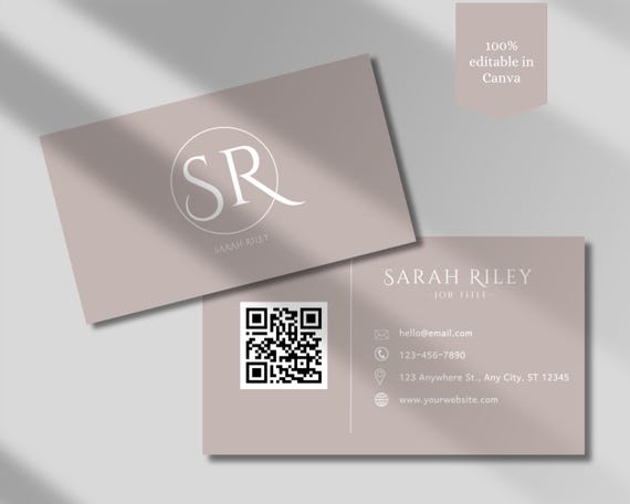 QR Code Business Card Beige Minimal Business Card Template DIY Business Card Canva Business Card Template Beige Double Sided Business Card