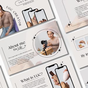以下が含まれることがあります： 「About Me I'm Lily」というタイトルのプレゼンテーションスライドと、電話を持った女性の画像。テキストには、「これは、あなた自身について少し話すのに最適な場所です。私はLily、クリエイターであり、さまざまなニッチに合わせた多様なコンテンツを繋ぎ、適応させ、作成することが大好きです。何が私を特別にするのか？私はユニークなコンテンツを作成し、ブランドと協力し、カスタムグラフィックを作成し、オーディエンスのエンゲージメントを最大限に引き出します。」と書いてあります。
