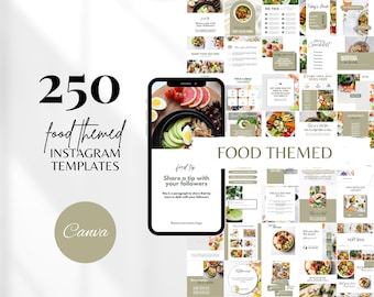 Pode incluir: Uma coleção de 250 modelos de Instagram com tema de comida para Canva. Os modelos apresentam uma variedade de imagens de comida, incluindo saladas, tigelas e smoothies. O texto "FOOD THEMED" é exibido em uma fonte grande na parte superior da imagem.