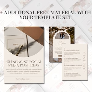 May include: An e-book cover titled "40 Engaging Social Media Post Ideas" is shown, with the text "This is an e-book for influencers, bloggers, small businesses..." A notebook, pen, and additional templates are also visible.