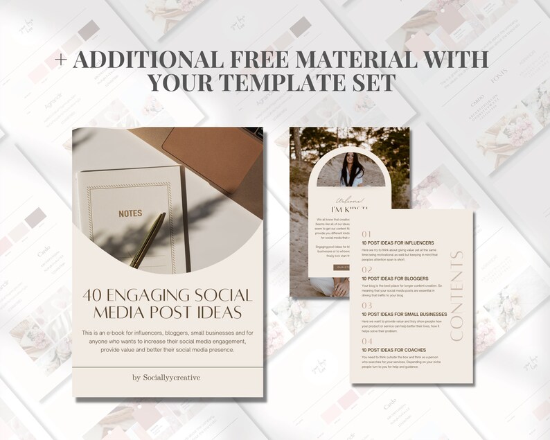 May include: An e-book cover titled "40 Engaging Social Media Post Ideas" is shown, with the text "This is an e-book for influencers, bloggers, small businesses..." A notebook, pen, and additional templates are also visible.