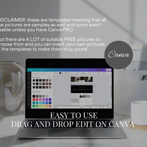 May include: A laptop displaying a Canva interface with a branding kit template. The screen shows a color palette and design elements. Text on the screen reads "Branding KIT". The image also includes a white mug, a clear vase with flowers, and text that says "EASY TO USE DRAG AND DROP EDIT ON CANVA".