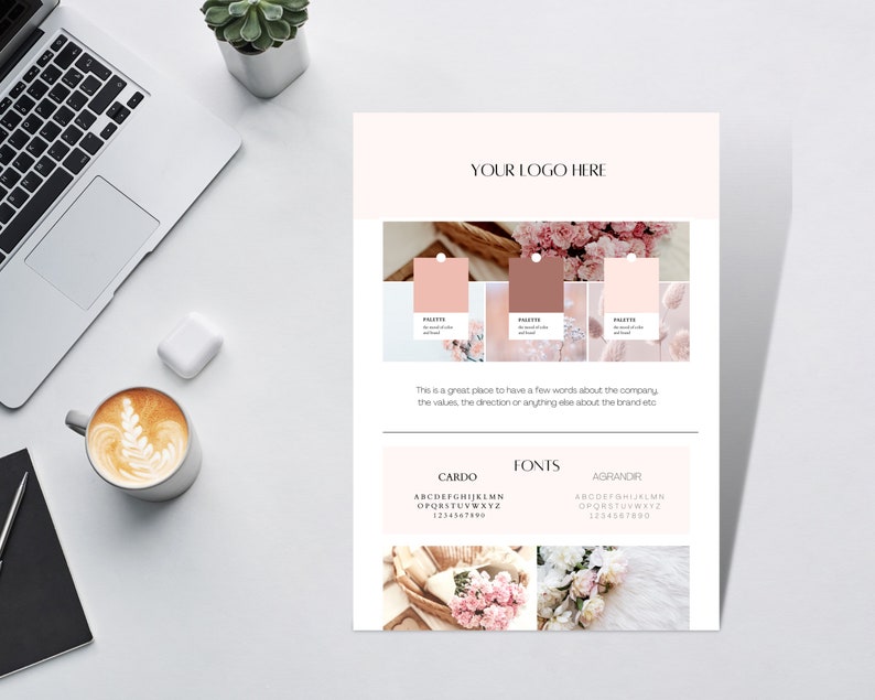 May include: A branding guide layout with the text "YOUR LOGO HERE" and sample colour palettes. The document includes font examples and space for company information. A laptop, coffee cup, and succulent are on the white desk.