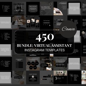 Puede incluir: Un collage de 450 plantillas de Instagram en blanco y negro para asistentes virtuales. Las plantillas presentan cuadros de texto, iconos y gráficos. El texto "450 Bundle: Virtual Assistant Instagram Templates" se muestra en el centro de la imagen.