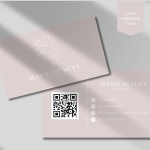 Carte de visite QR Code Modèle de carte de visite minimaliste rose Carte de visite bricolage Modèle de carte de visite canva Carte de visite recto-verso