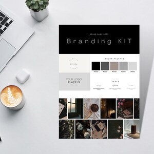 May include: A branding kit design displayed on a white surface, featuring a black and white color scheme. The kit includes a logo, color palette, and font selections. Additional design elements include a laptop, coffee cup, and a small plant.