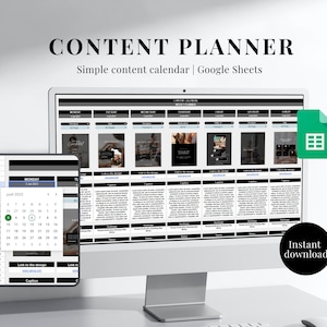 May include: A computer screen displaying a Google Sheet with a content calendar template. The sheet is divided into columns for each day of the week and rows for different types of content. The calendar is labeled "Content Planner" and "Simple content calendar | Google Sheets". A smaller screen shows a calendar with the date July 2023.