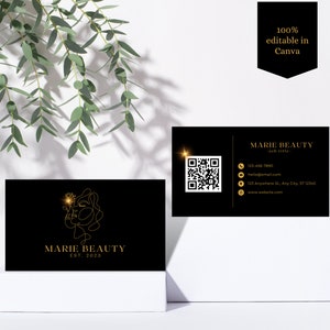 QR Code Business Card, Black Minimal Business Card Template, DIY Golden Business Card, Business Card Template, Double Sided Business Card