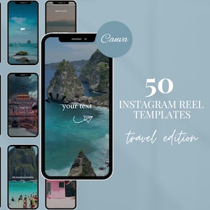 以下が含まれることがあります： 旅行用のInstagramリールテンプレート50個のセット。ビーチ、山、都市の画像が使用されています。テキスト「Canva」と「50 Instagramリールテンプレート 旅行版」が薄い青色の背景に表示されています。