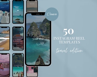 May include: A collection of 50 Instagram reel templates for travel, featuring images of beaches, mountains, and cities. The text "Canva" and "50 Instagram Reel Templates travel edition" is displayed on a light blue background.