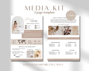 Kit média de 2 pages Modèle Canva Kit média beige Modèle de feuille de tarifs d'influenceur Kit de presse Blogger Kit média Facebook Modèle Instagram